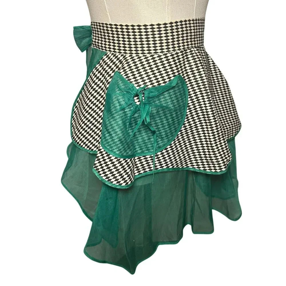 Vintage1950s Harlequin Organza Hostess Apron Green Sheer Ruffle Miu Miu Style OS